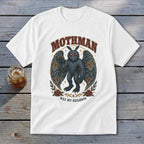 White t-shirt with Mothman graphic and text "Mothman Was My Neighbor."