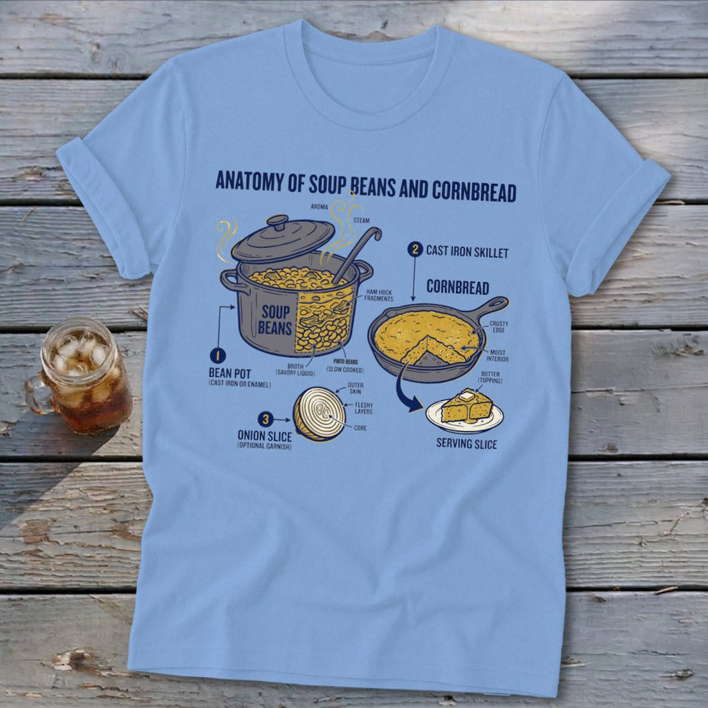 T-shirt graphic illustrating the anatomy of soup beans and cornbread with labels.