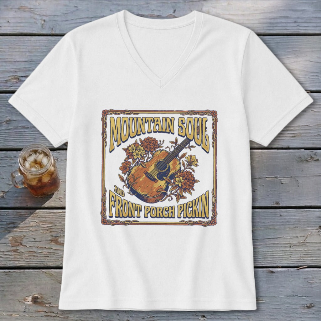 White t-shirt with "Mountain Soul and Front Porch Pickin'" graphic and a guitar.