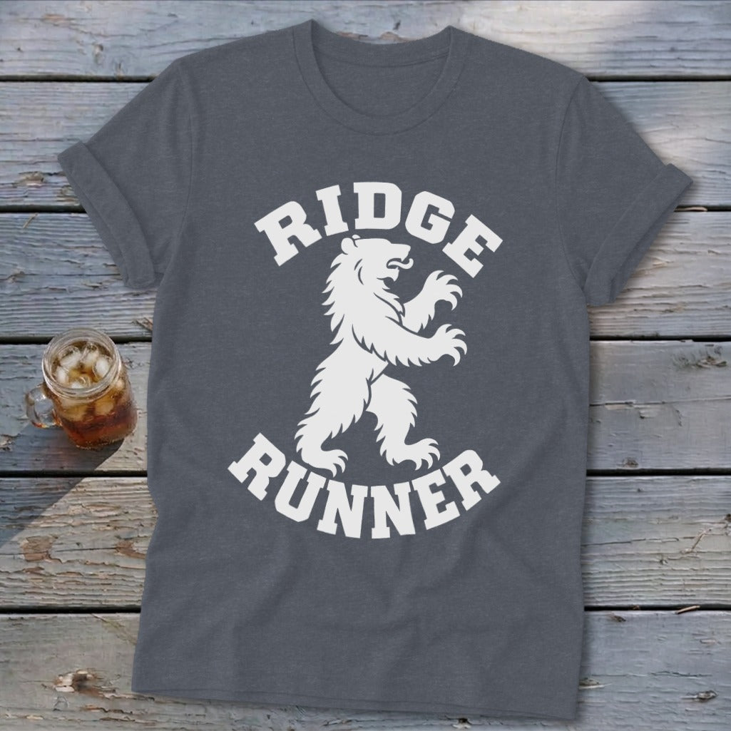 Dark gray t-shirt with white bear graphic and text "RIDGE RUNNER".