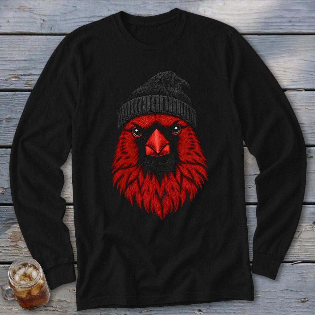 Black long-sleeve shirt with a graphic of a red cardinal wearing a black beanie.