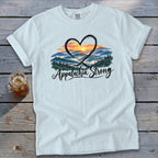 White t-shirt with "Appalachia Strong" text and a heart over a mountain landscape.
