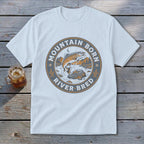White t-shirt with "Mountain Born River Bred" circular graphic featuring a jumping trout.