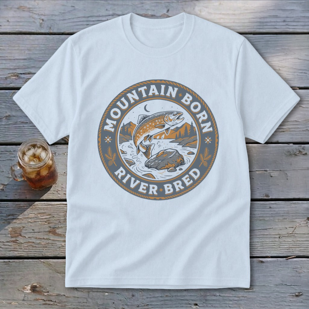 White t-shirt with "Mountain Born River Bred" circular graphic featuring a jumping trout.