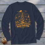 Navy long sleeve shirt with orange mountain, lantern, and "keep hiking" text graphic.