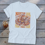 Fox playing guitar on light blue t-shirt with "Mountain Soul and Front Porch Pickin'" text.