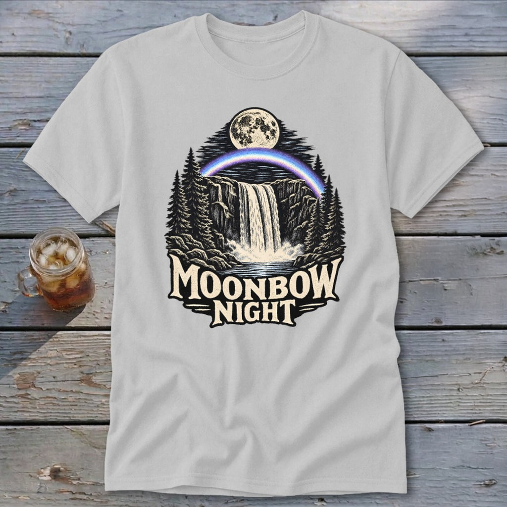 White t-shirt with "Moonbow Night" text over a waterfall scene under a moon.