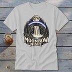 White t-shirt with "Moonbow Night" text over a waterfall scene under a moon.