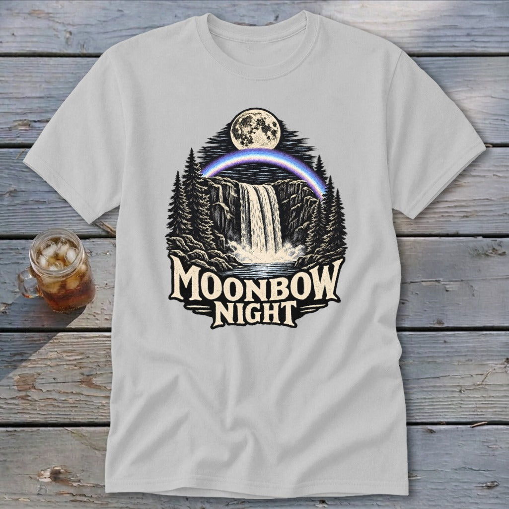 White t-shirt with "Moonbow Night" text over a waterfall scene under a moon.