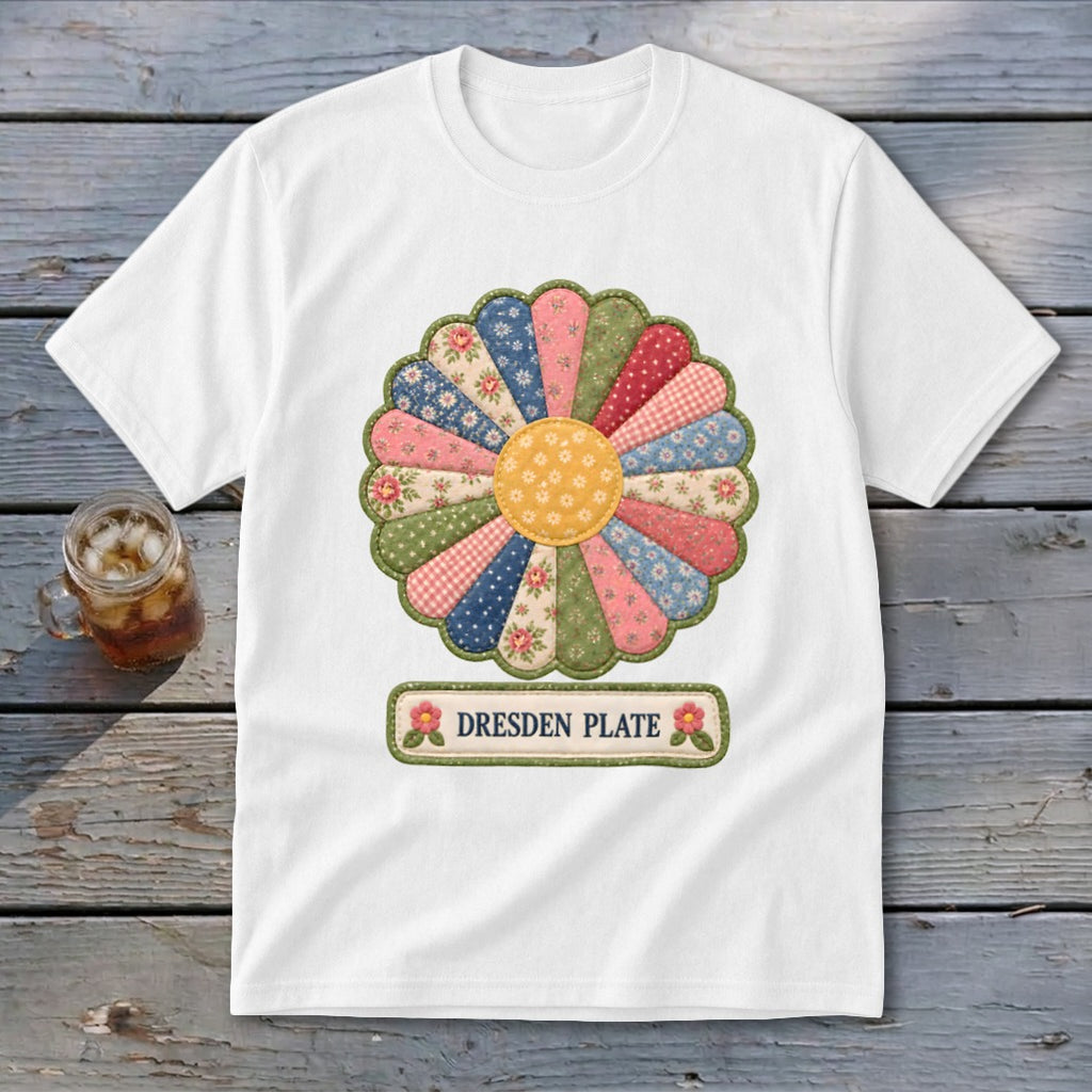White t-shirt with a colorful Dresden Plate quilt design and "DRESDEN PLATE" text.