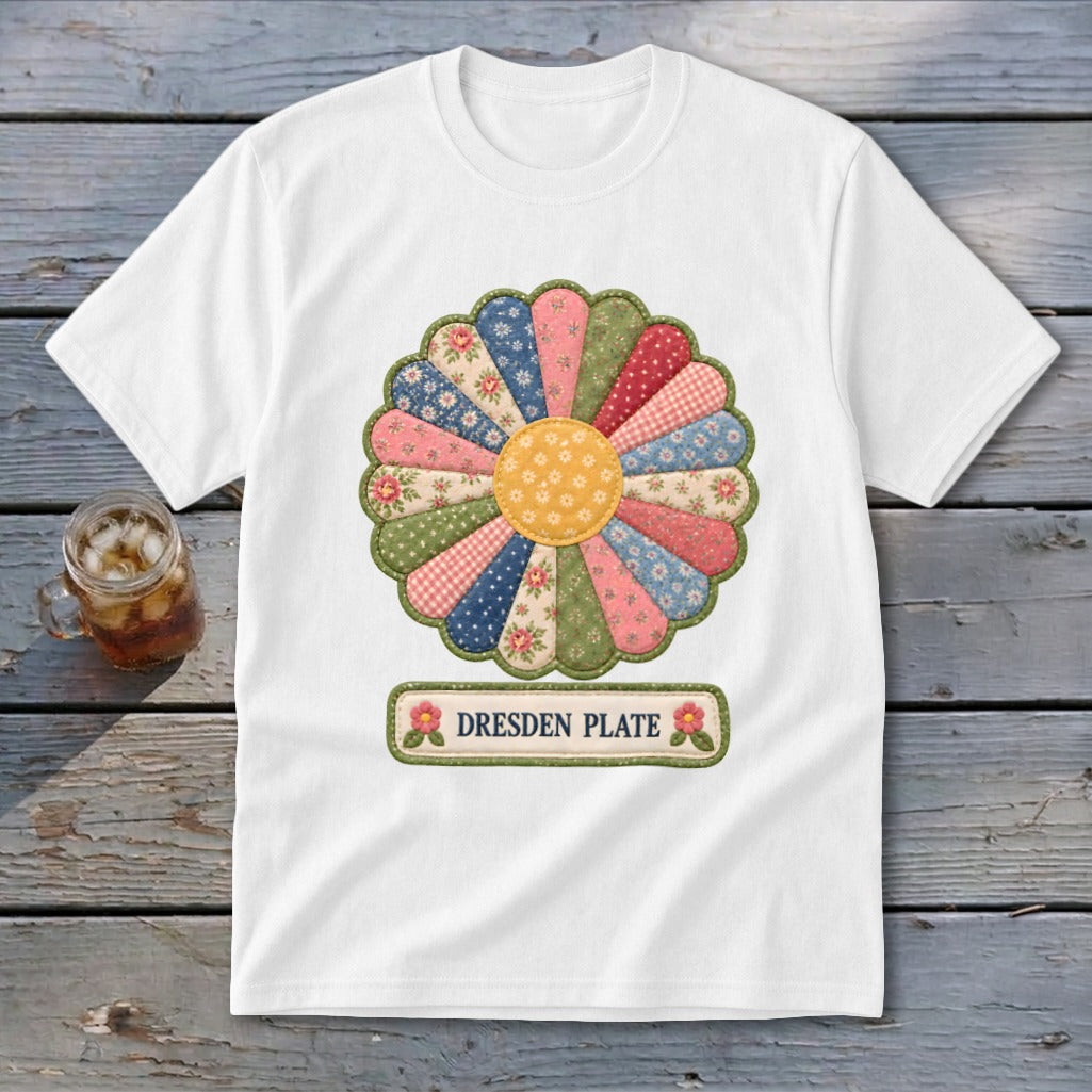 White t-shirt with a colorful Dresden Plate quilt design and "DRESDEN PLATE" text.