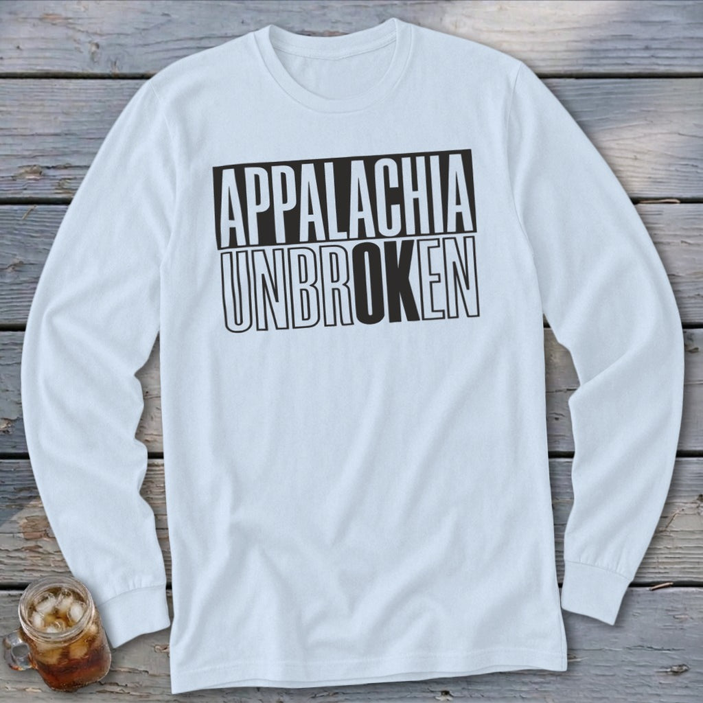 White long-sleeve shirt with black text reading "APPALACHIA UNBROKEN".