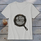 Light grey v-neck t-shirt with cast iron skillet graphic and text "NO SUGAR IN THE CORNBREAD".