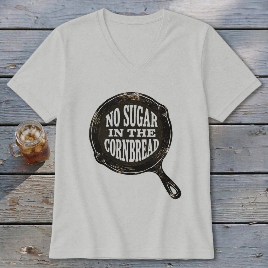 Light grey v-neck t-shirt with cast iron skillet graphic and text "NO SUGAR IN THE CORNBREAD".