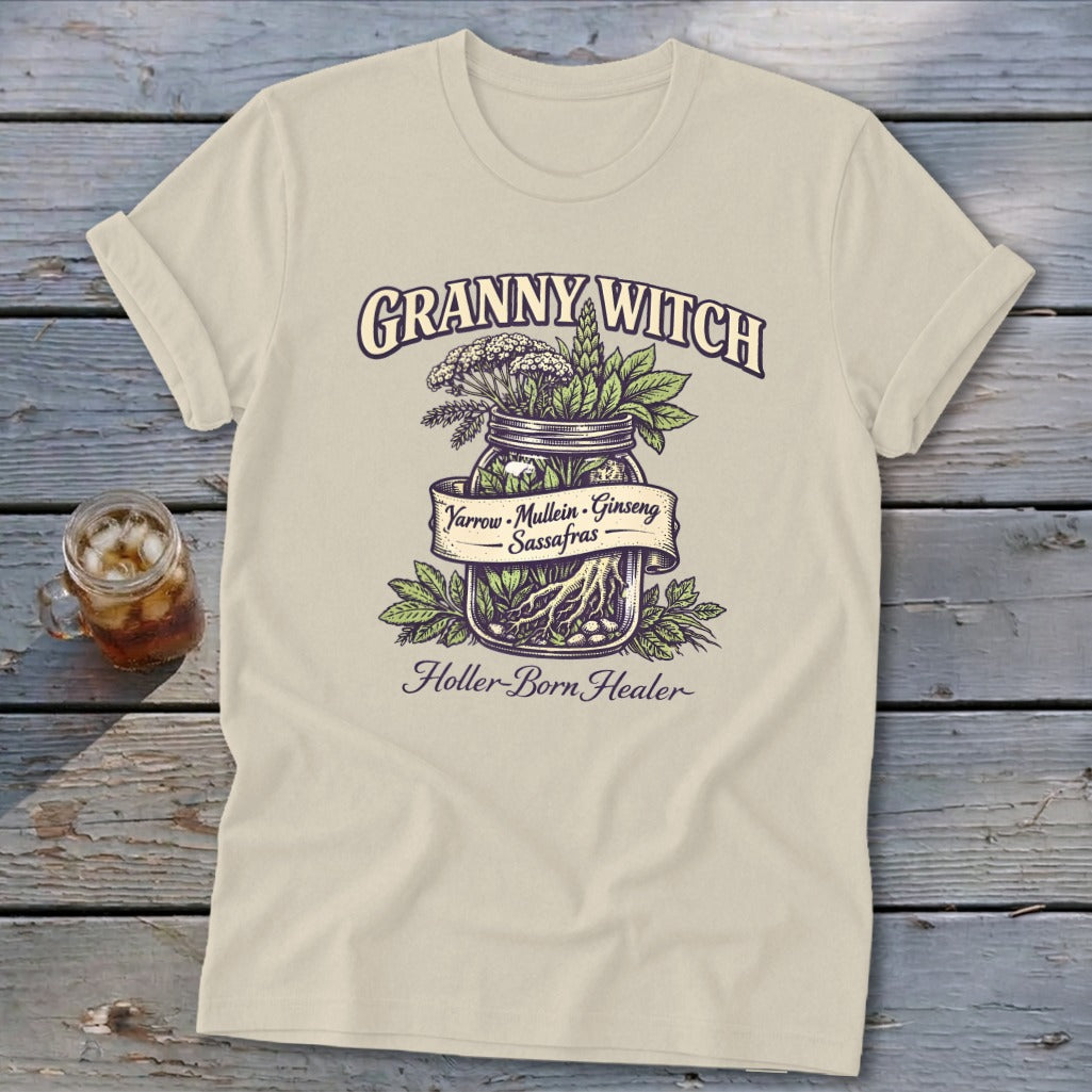 Granny Witch shirt with a jar of herbs and roots, text: "Yarrow Mullein Ginseng Sassafras Holler-Born Healer"