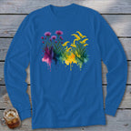 Blue long sleeve shirt with watercolor floral design and spilled paint.