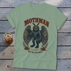 T-shirt with Mothman graphic and text "Mothman Was My Neighbor."