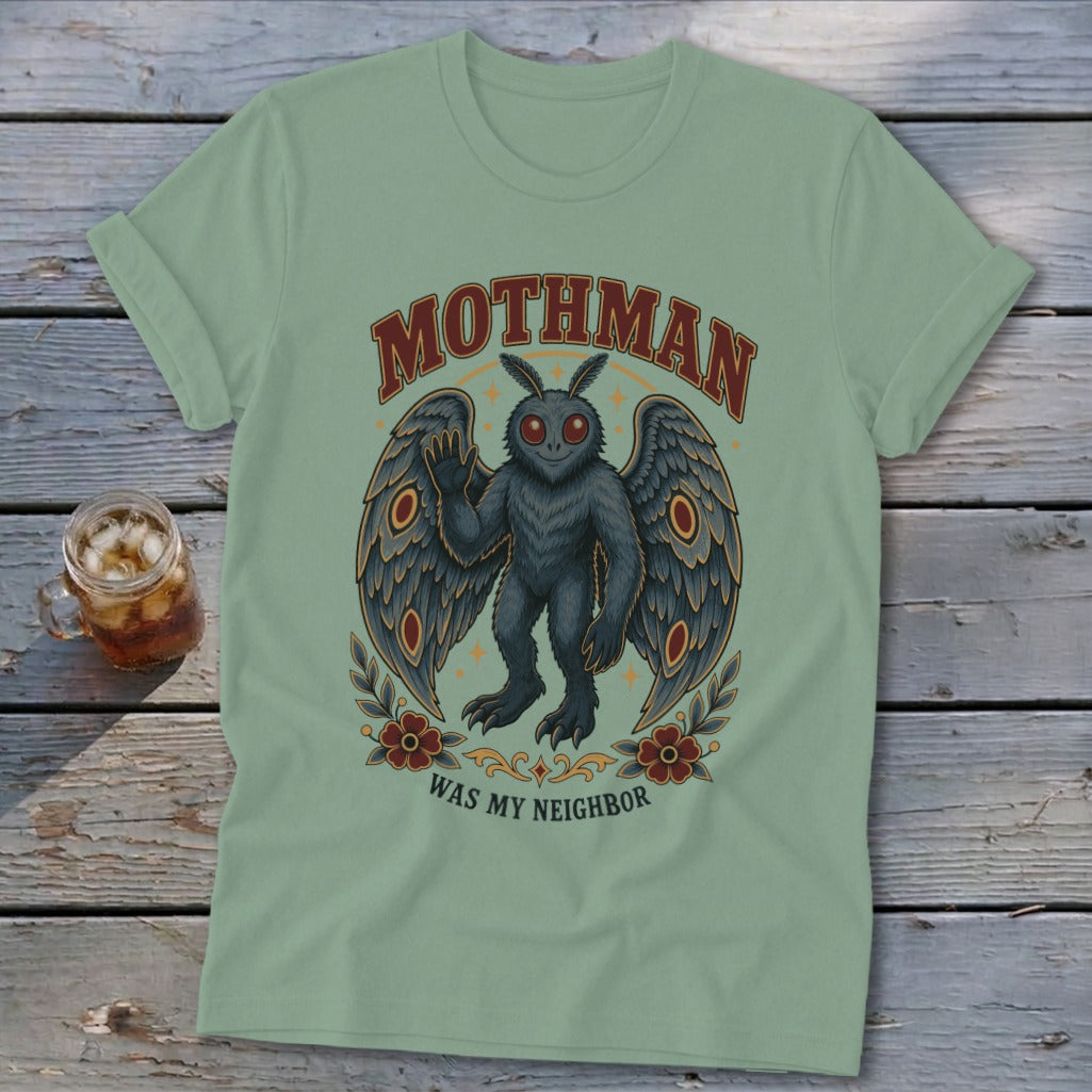T-shirt with Mothman graphic and text "Mothman Was My Neighbor."
