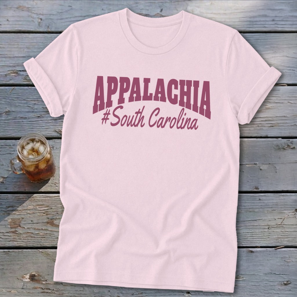 Light pink t-shirt with "APPALACHIA" and "#South Carolina" text.