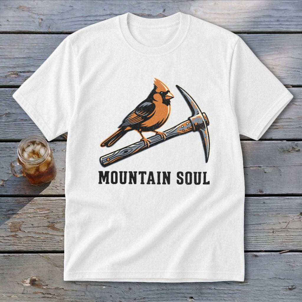 White t-shirt with cardinal on pickaxe and text "MOUNTAIN SOUL".