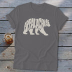 Dark gray t-shirt with a white graphic of a walking bear containing the text Appalachia.