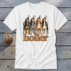 White t-shirt with four howling dogs and the word "holler" printed below.