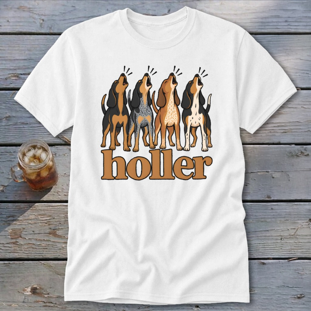White t-shirt with four howling dogs and the word "holler" printed below.