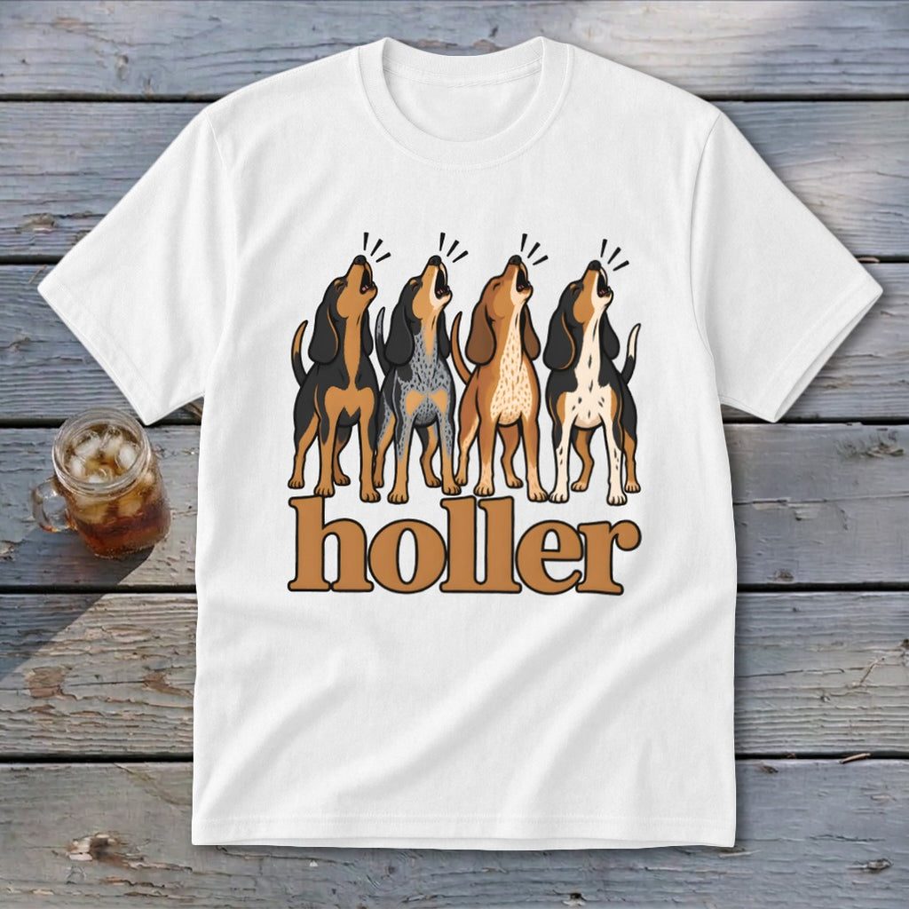 White t-shirt with four howling dogs above the word "holler".