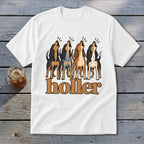 White t-shirt with four howling dogs above the word "holler".