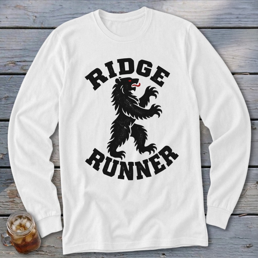 White long-sleeve shirt with black "Ridge Runner" text and a black bear graphic.