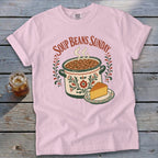 Pink comfort colors t-shirt with "Soup Beans Sunday" graphic and a pot of beans.