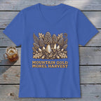 Blue v-neck t-shirt with "MOUNTAIN GOLD MOREL HARVEST" and mushroom graphic.