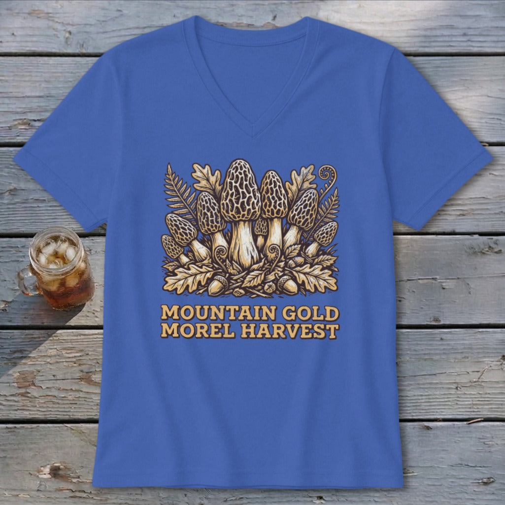Blue v-neck t-shirt with "MOUNTAIN GOLD MOREL HARVEST" and mushroom graphic.