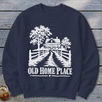 Navy sweatshirt with white graphic of a farmhouse, trees, fence, and text "OLD HOME PLACE".