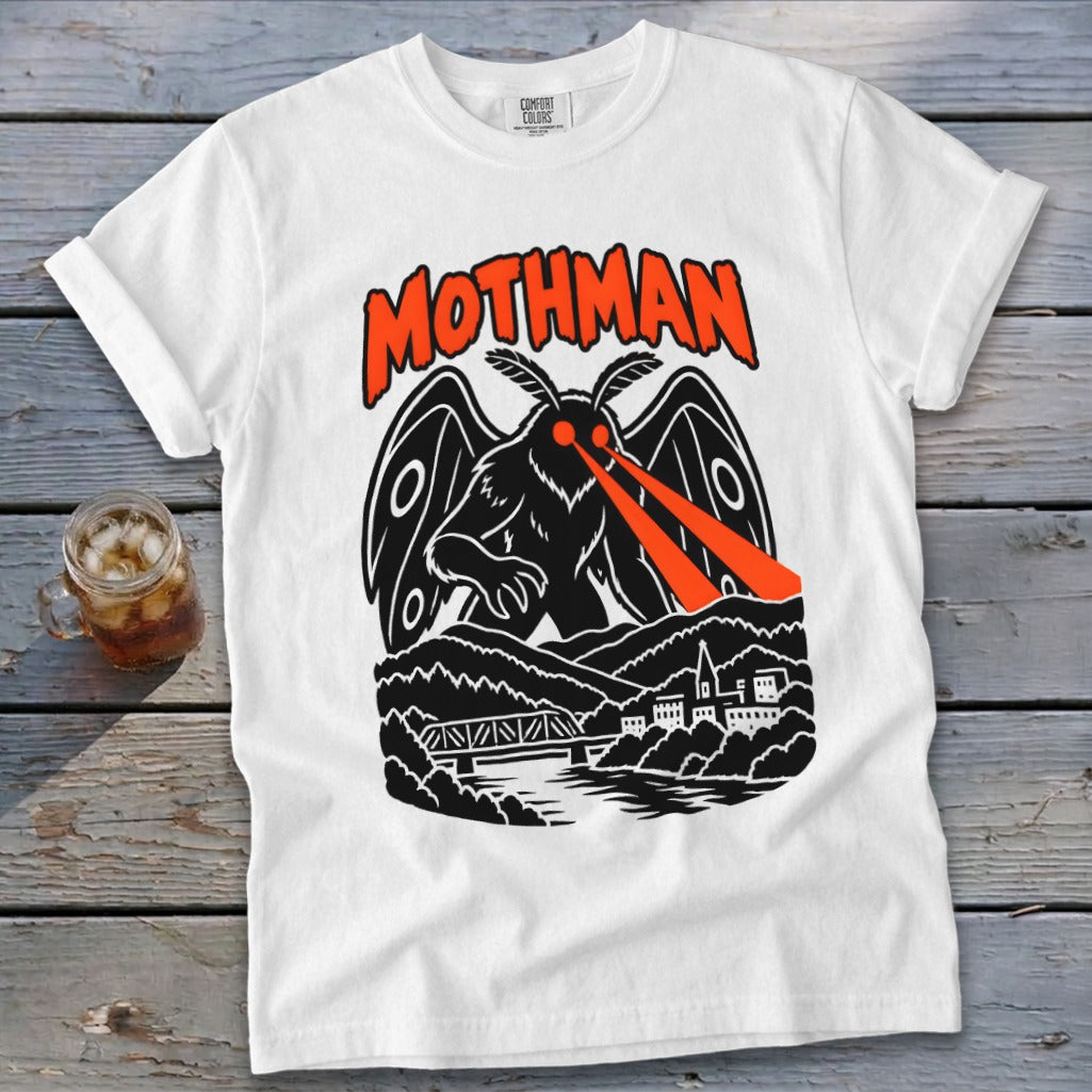 White t-shirt with "MOTHMAN" text and a black moth monster with red eyes.