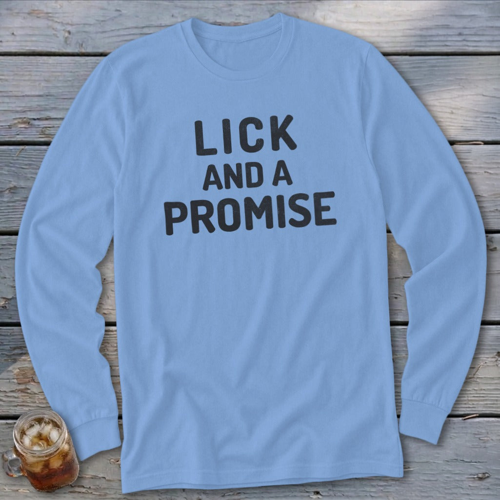 Light blue long-sleeve t-shirt with "LICK AND A PROMISE" text.
