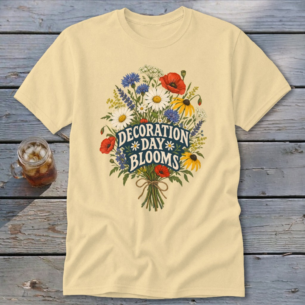 Pale yellow t-shirt with "Decoration Day Blooms" text and a bouquet of flowers.