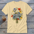 Pale yellow t-shirt with "Decoration Day Blooms" text and a bouquet of flowers.
