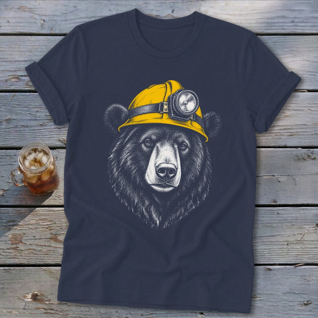 Dark blue t-shirt featuring a black bear wearing a yellow hard hat with a headlamp.