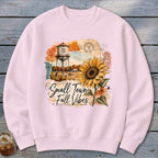 Crewneck sweatshirt with "Small Town Fall Vibes" design featuring a water tower and sunflower.