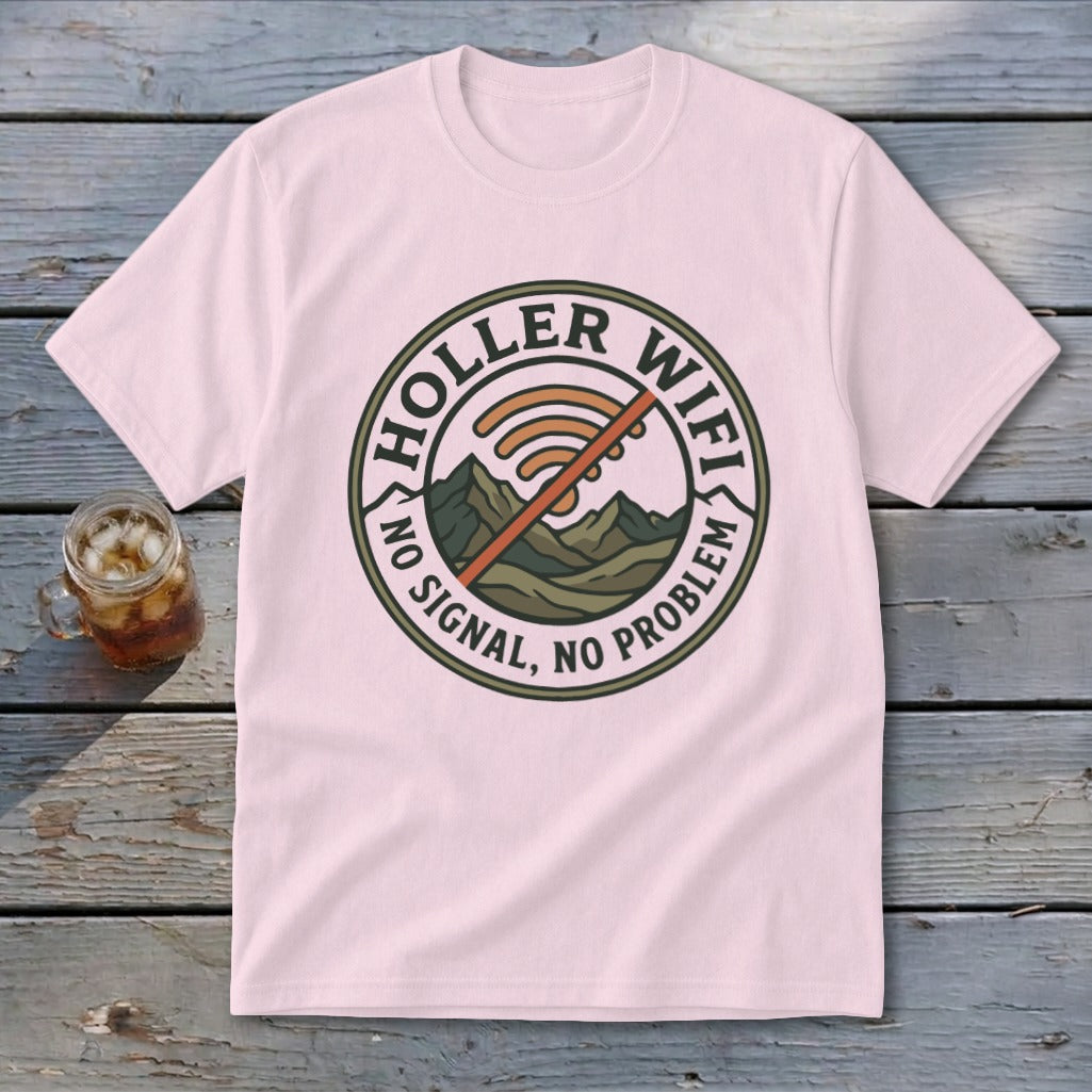 Pink t-shirt with "Holler Wifi, No Signal, No Problem" and a crossed-out wifi symbol.