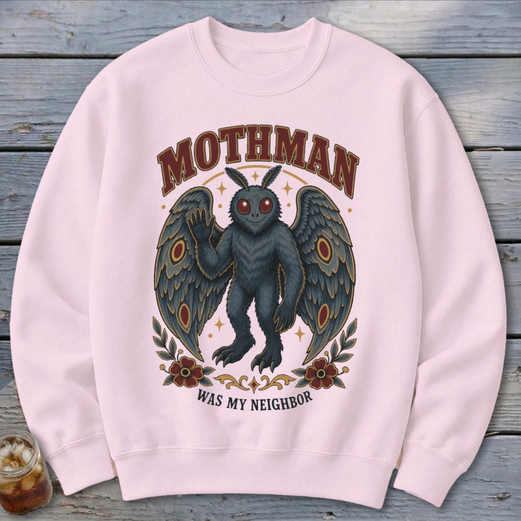 Mothman graphic with red eyes and wings, text "MOTHMAN WAS MY NEIGHBOR".