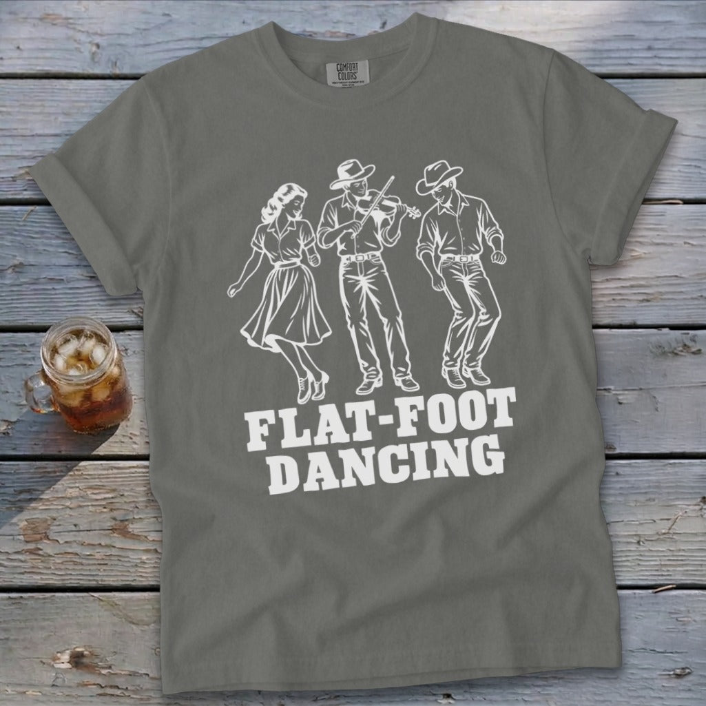 Gray t-shirt with white graphic of three people dancing and "FLAT-FOOT DANCING" text.