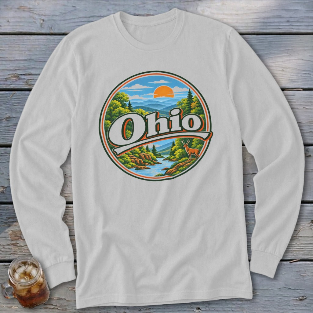 Long-sleeve white t-shirt with circular Ohio nature graphic featuring a river and deer.