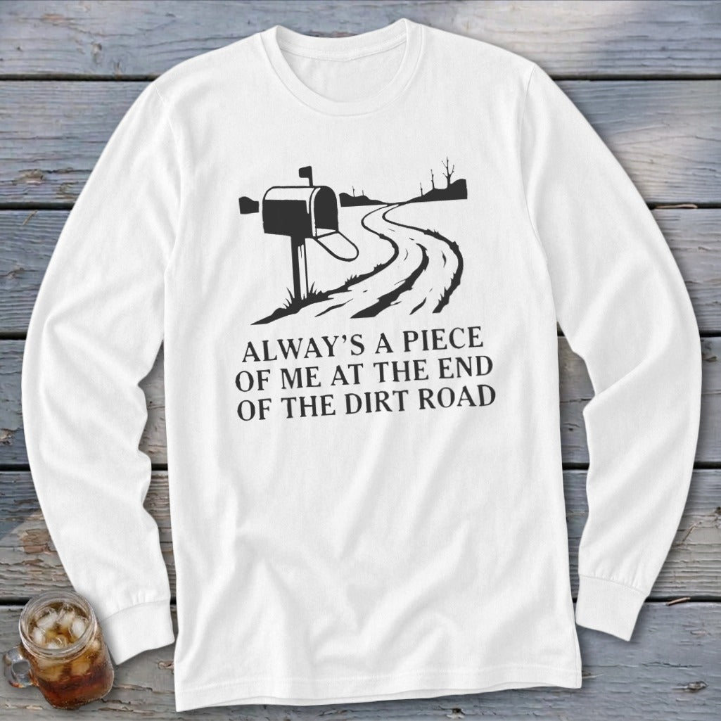 White long sleeve shirt with a graphic of a winding dirt road and mailbox.