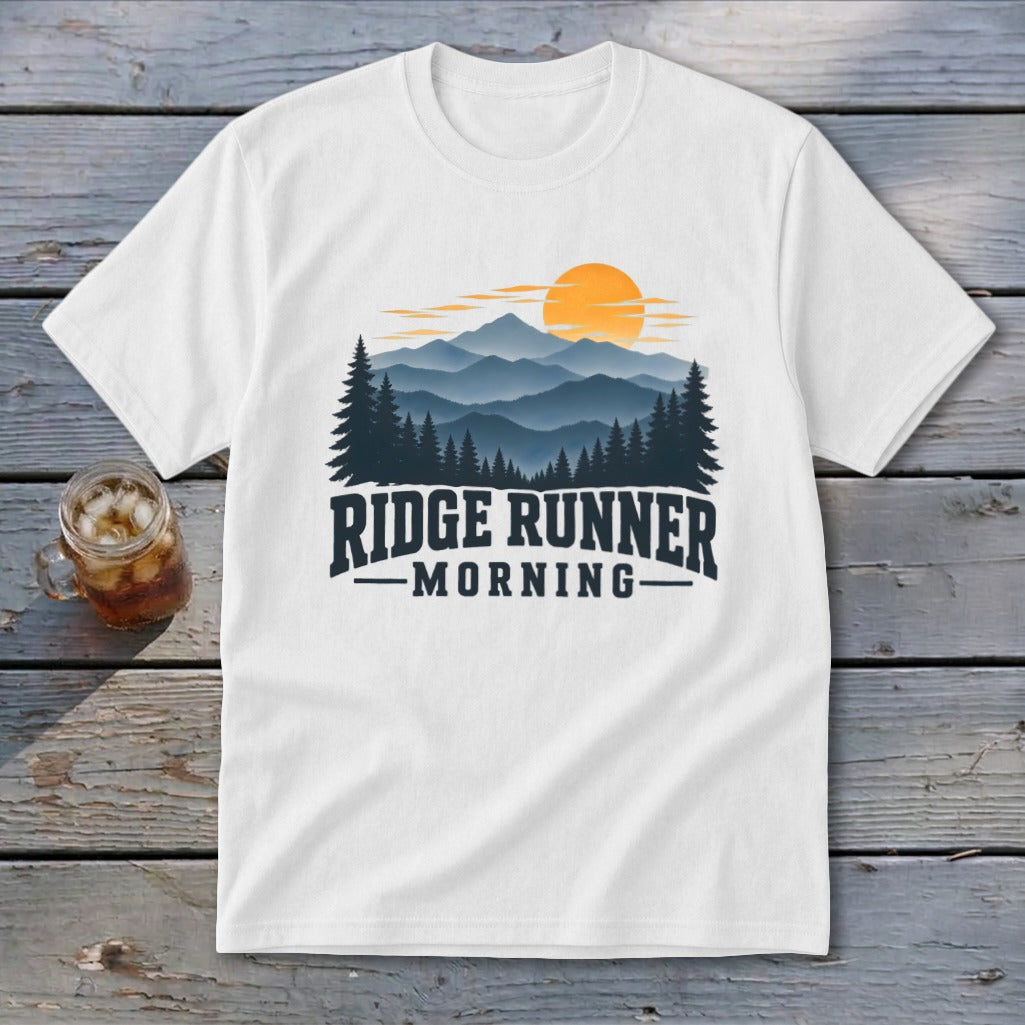 White t-shirt with "RIDGE RUNNER MORNING" text and mountain sunrise graphic.