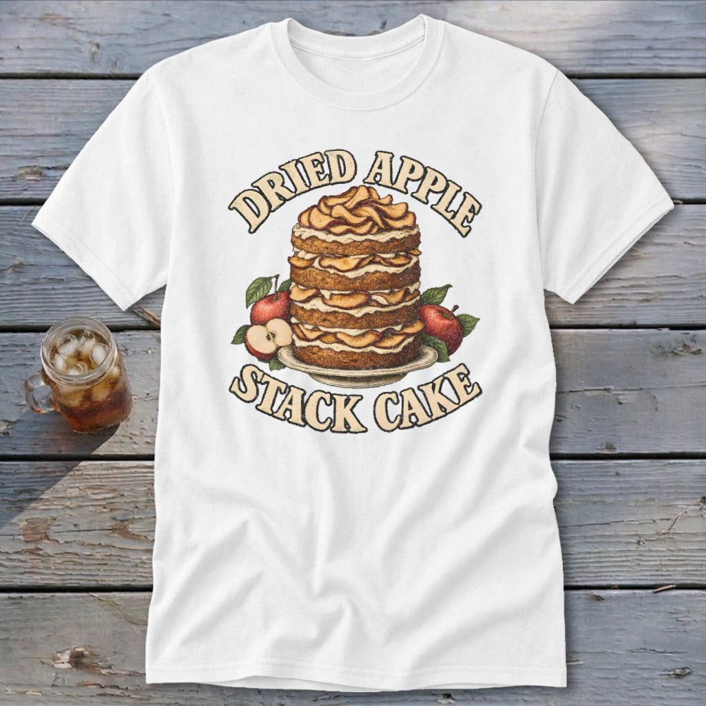 White t-shirt with a graphic of a stacked dried apple cake with apples and text.