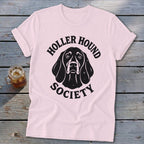 Pink t-shirt with black "Holler Hound Society" text and dog graphic.