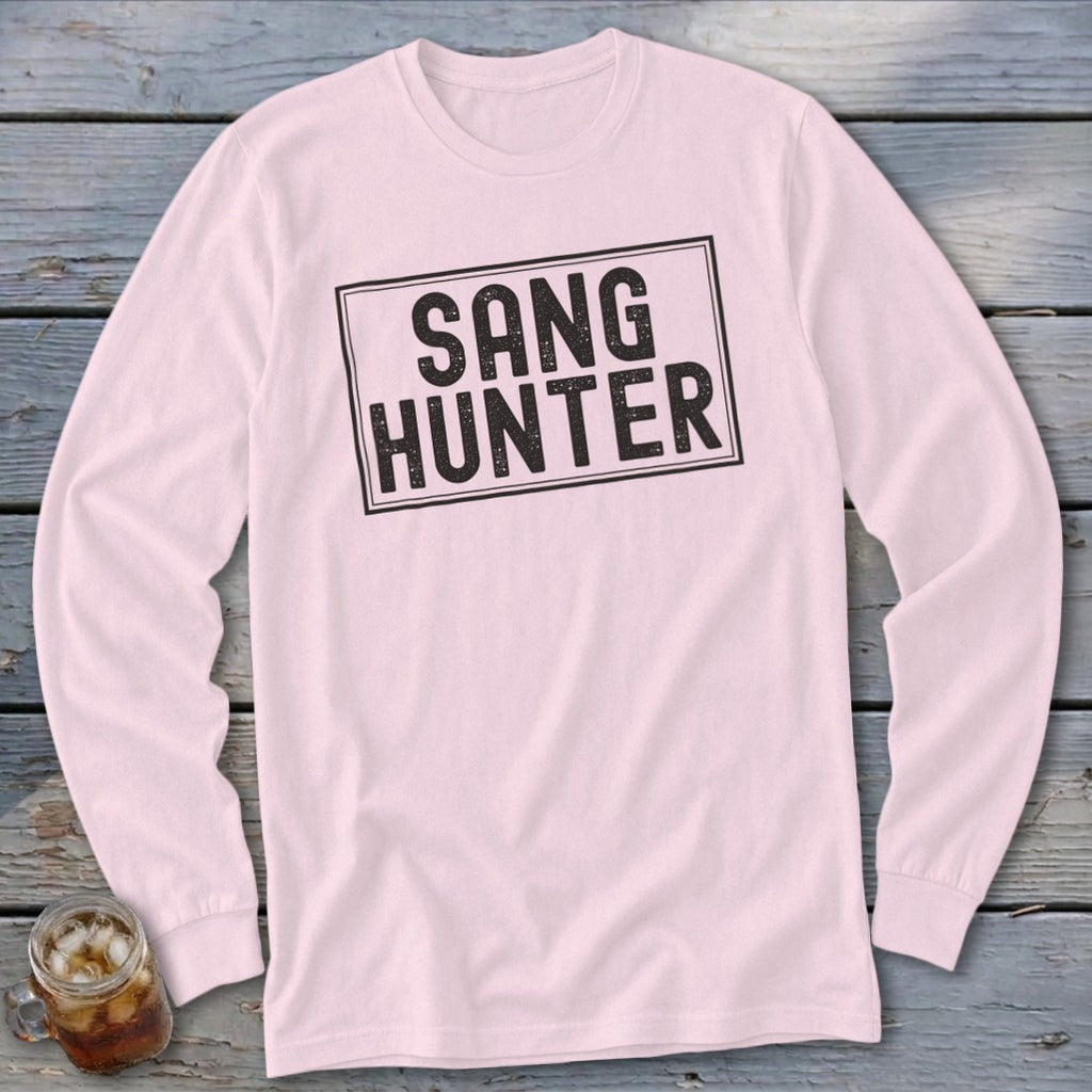 Light pink long sleeve shirt with "SANG HUNTER" text in a black rectangle.