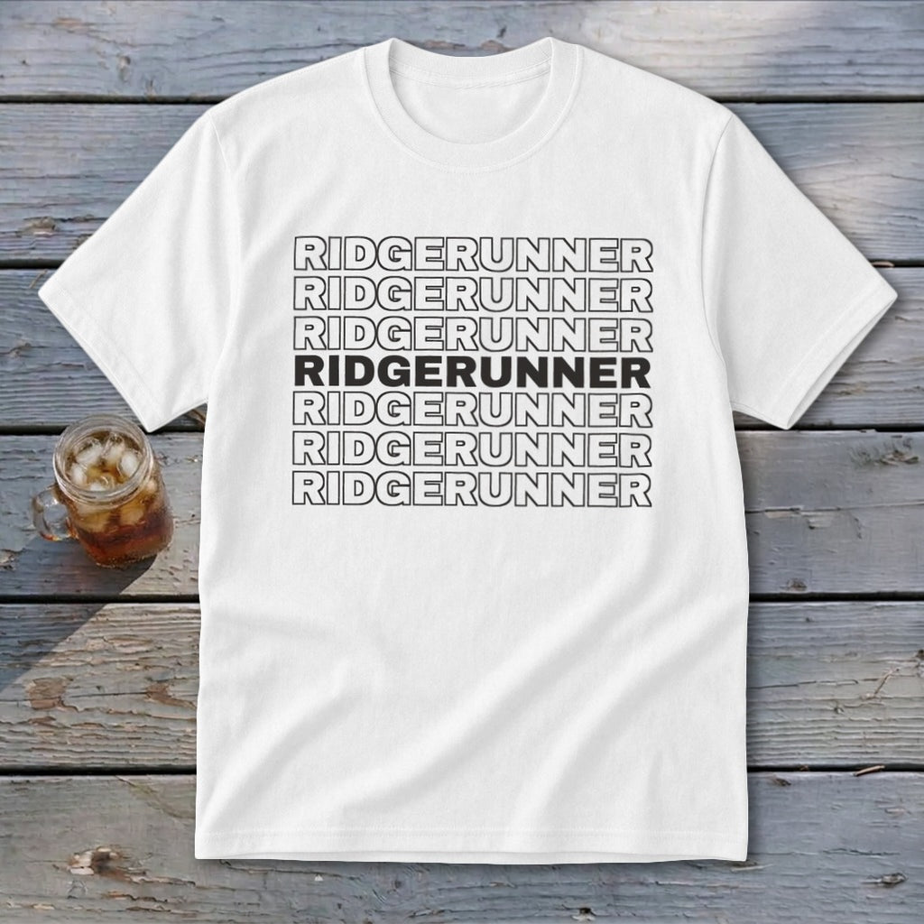 White t-shirt with "RIDGERUNNER" repeated seven times, one line in bold.